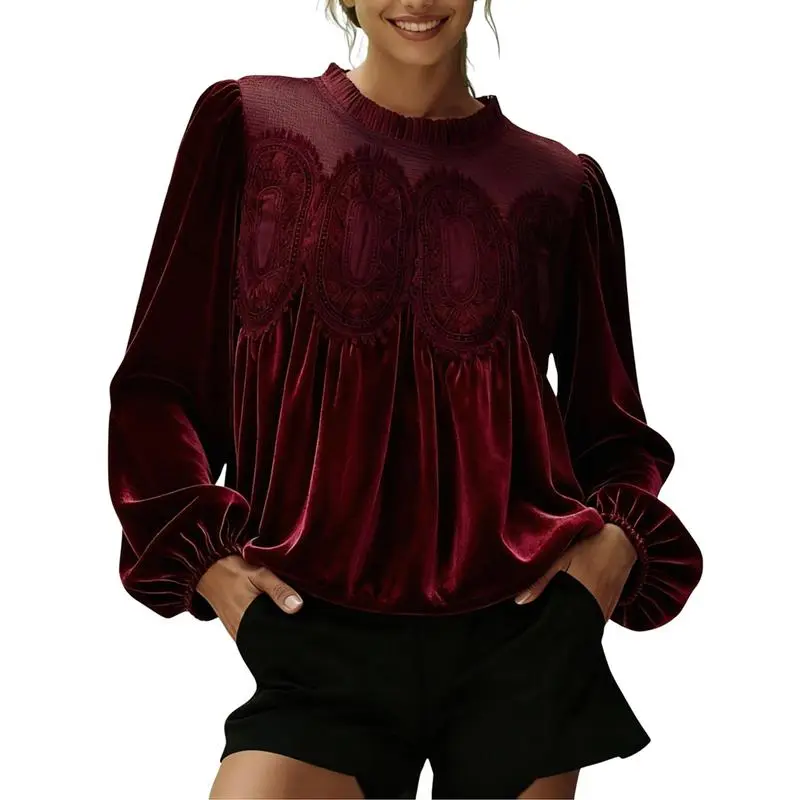 Women's Elegant Long-Sleeve Lace Velvet-Trim Swing Blouse