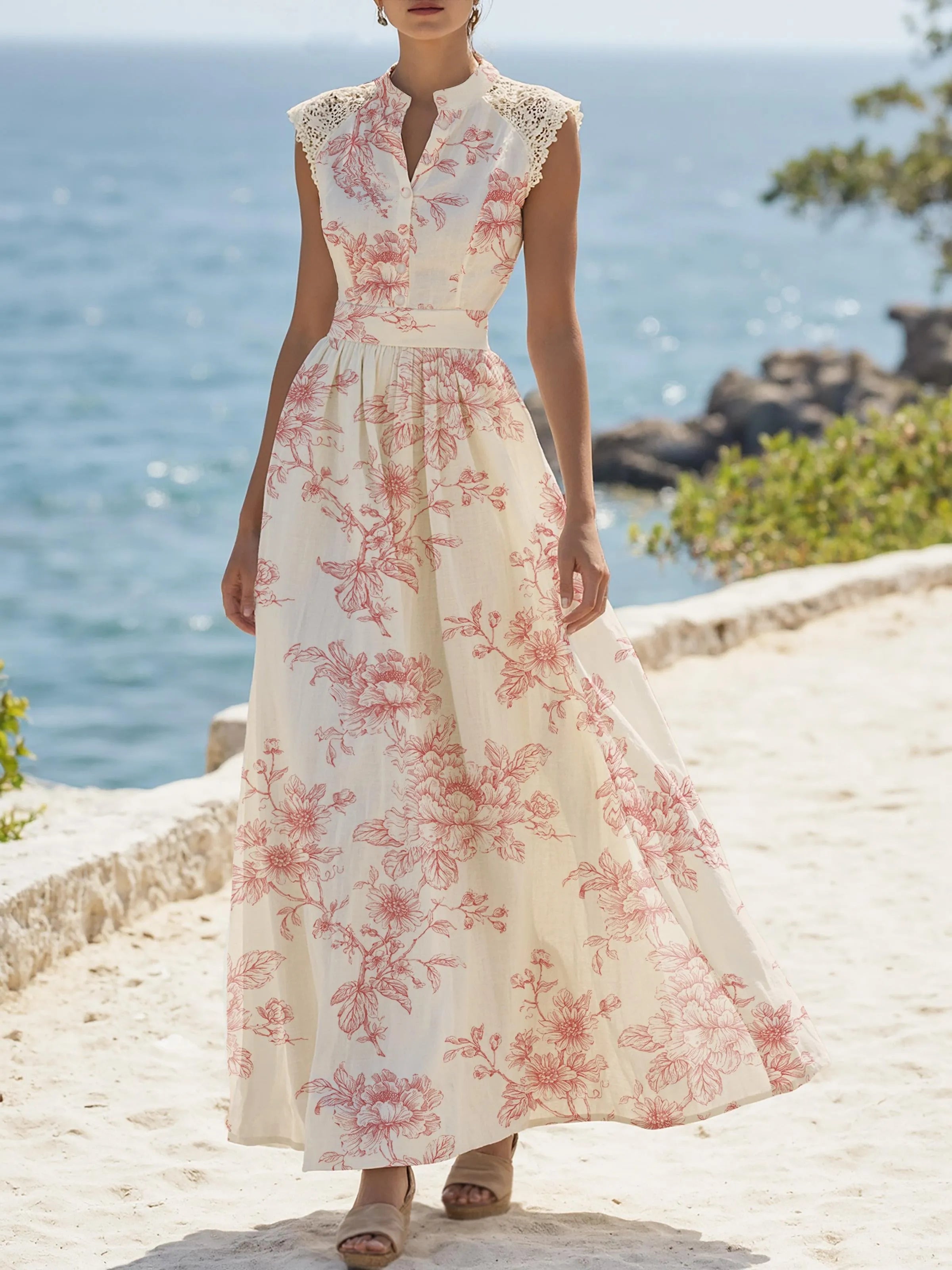Resort-style lace patchwork floral dress