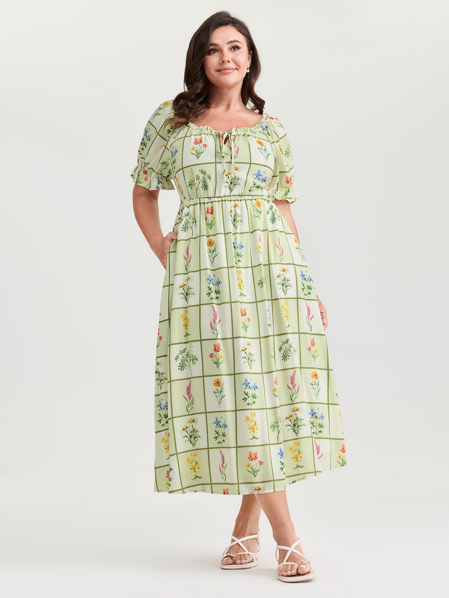 Floral Collage Print Ruffled Neckline Midi Dress