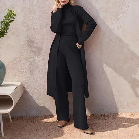 Three-Piece Set - Knit Turtleneck Tank & Wide Leg Pants With Long Cardigan