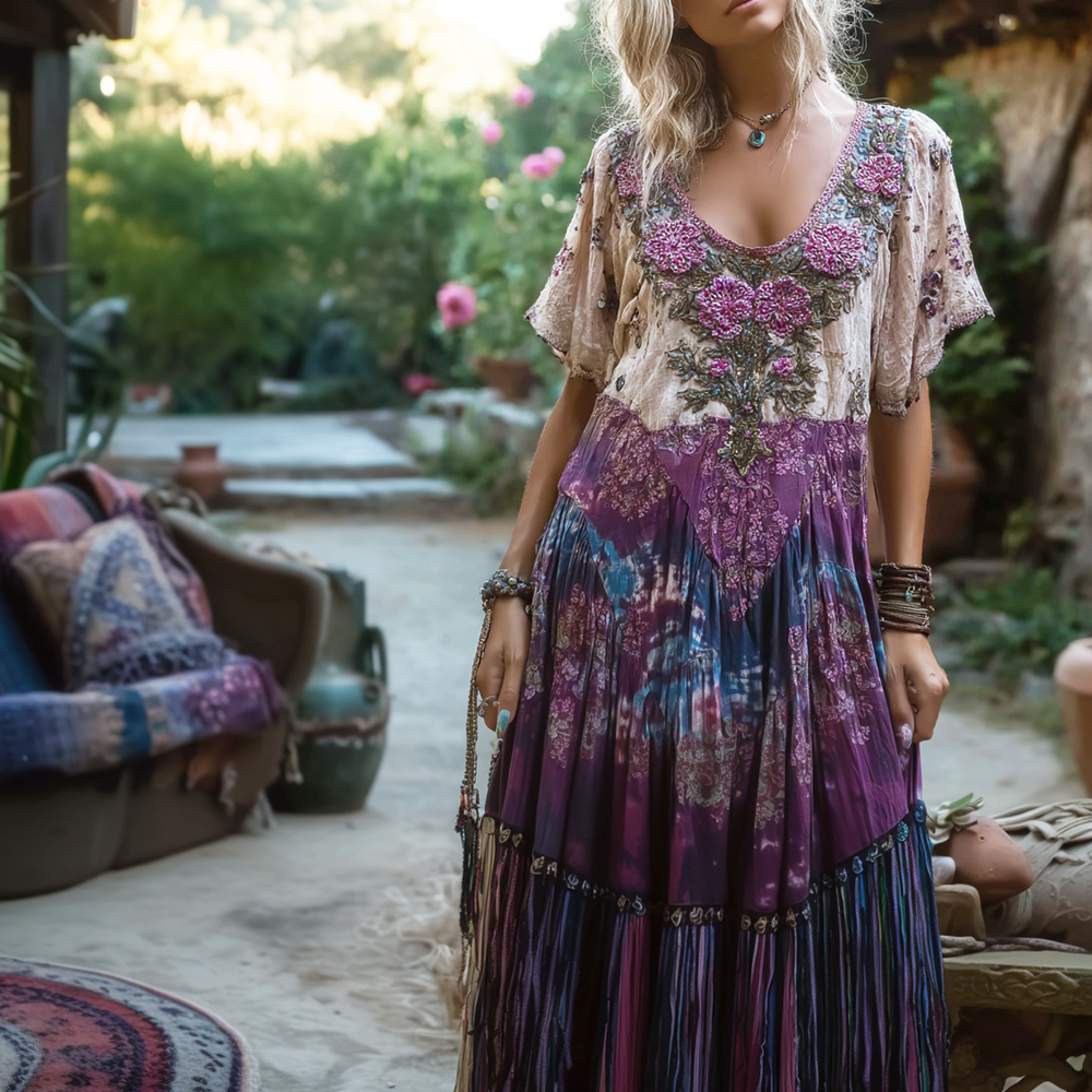 Viking Tree Of Life Boho Floral Embroidery Women's Linen Short Sleeve Flowing Maxi Dress