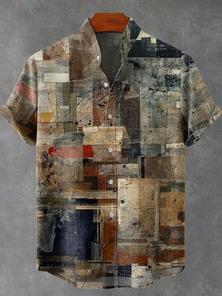 Men's Retro Distressed Texture Art Print Cotton And Linen Shirt