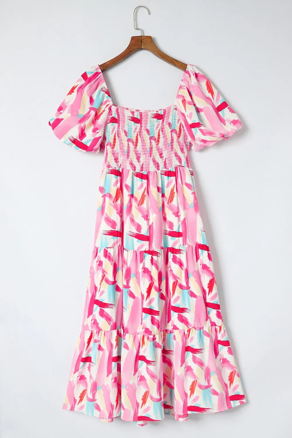 Geometric Print Puff Sleeve Square Neck Midi Dress
