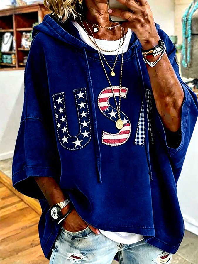 Patriotic Red USA Star Stripe Applique Oversized Hoodie