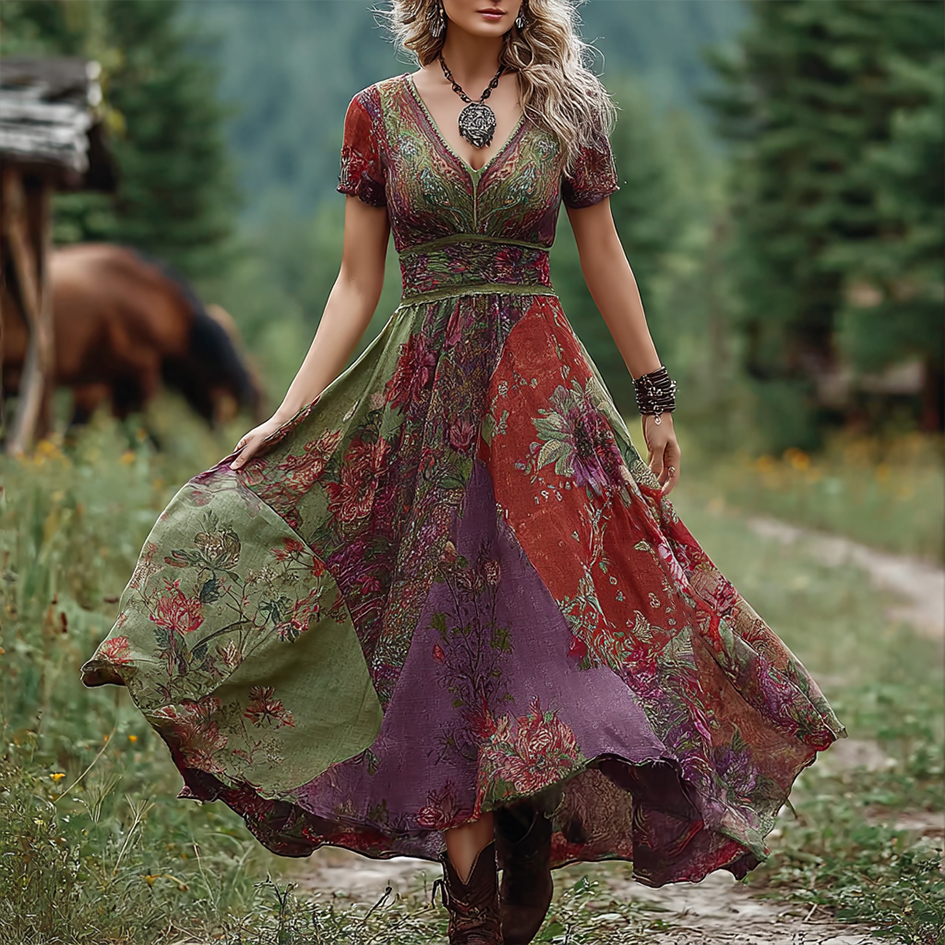 Bohemian Style Retro Floral Pattern Women's V-neck Dress