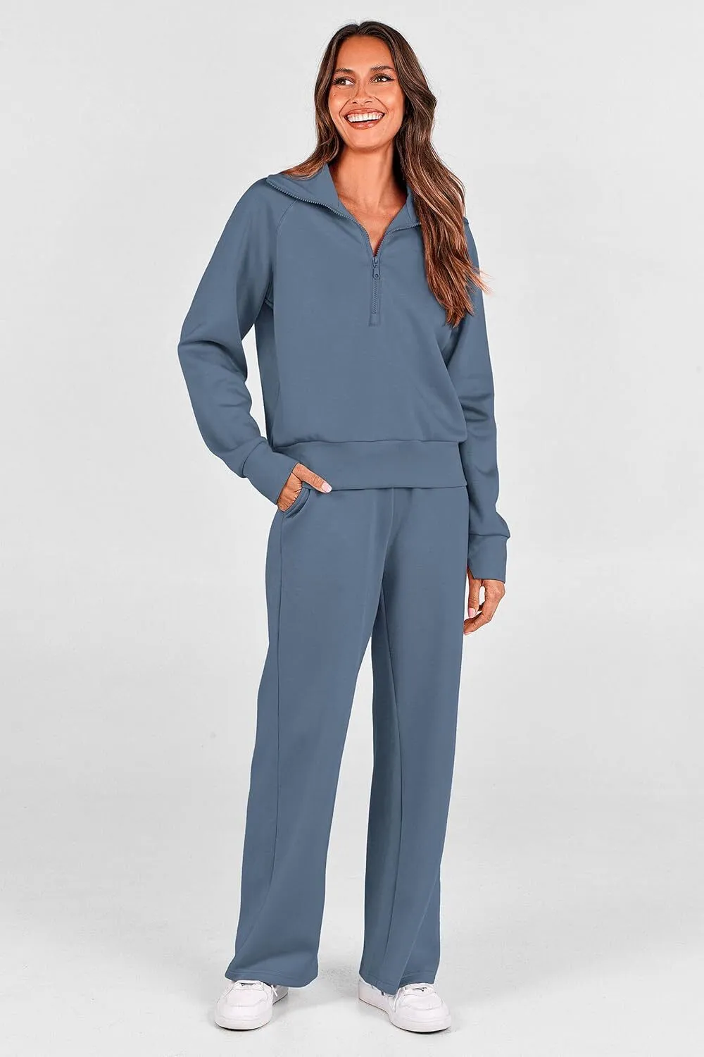 🔥Final Day Clearance!🛒Women's 2 Piece Outfits Casual Lapel Half Zip Sweatshirts And Wide Leg Pants Tracksuit Sets