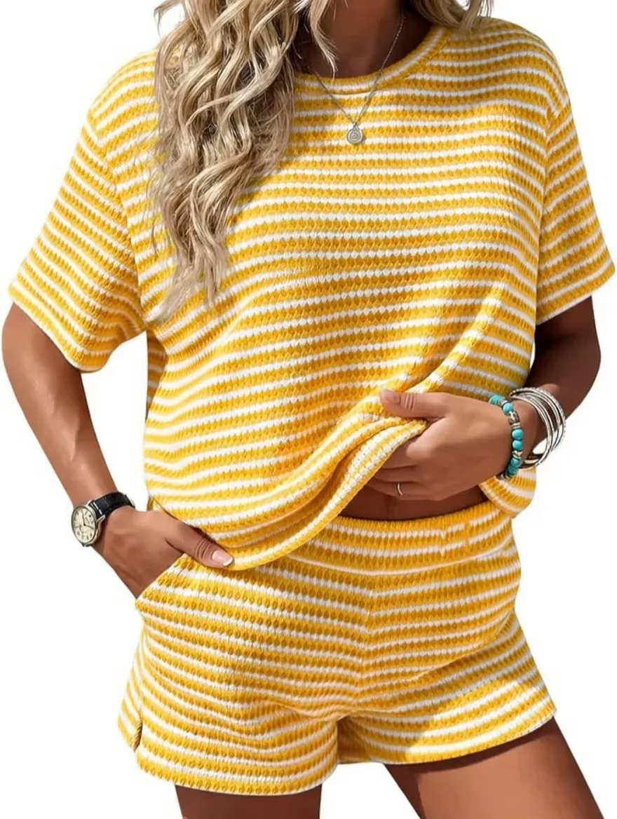 Women's Striped 2-Piece Lounge Set – Short Sleeve Top & Knit Shorts Casual Summer Outfit
