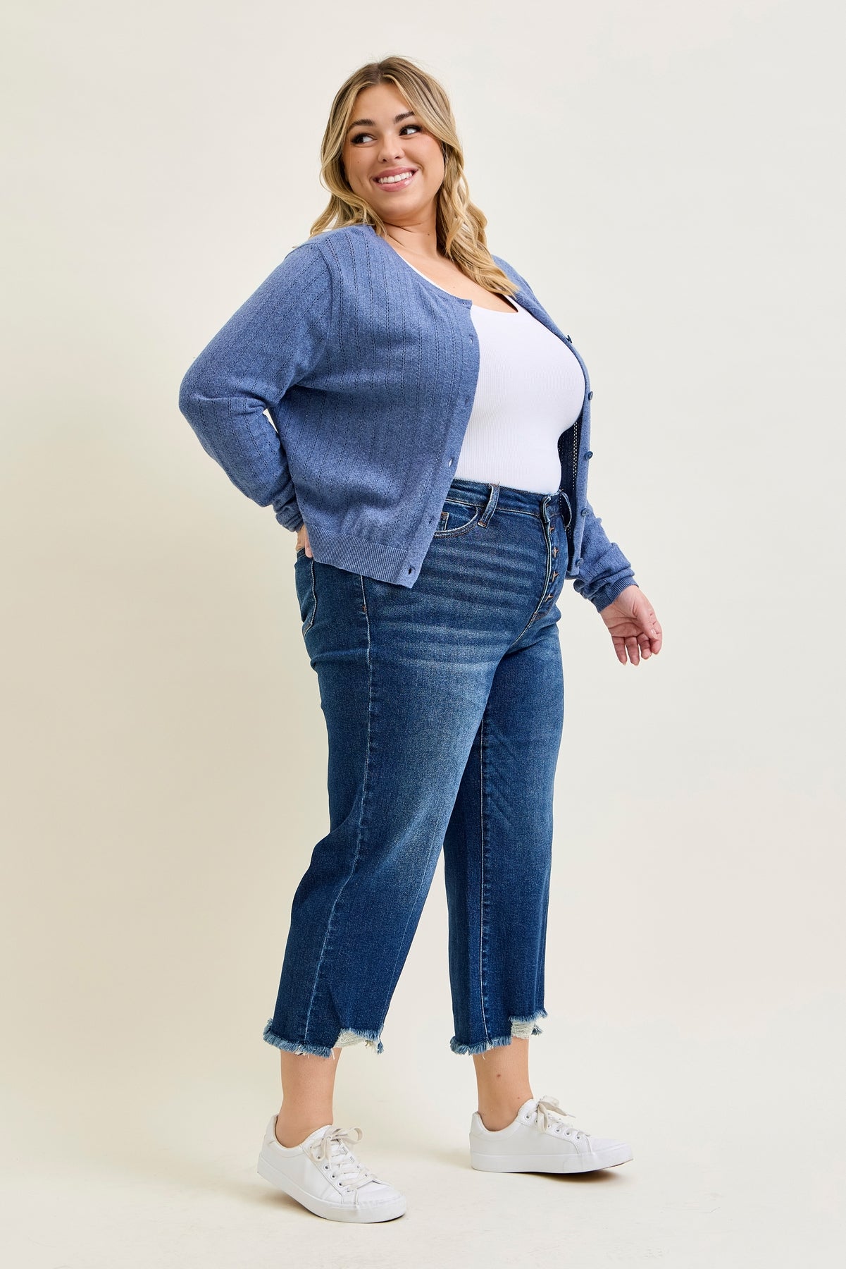 Dottie Button Fly Distressed Hem Crop Wide - PLUS