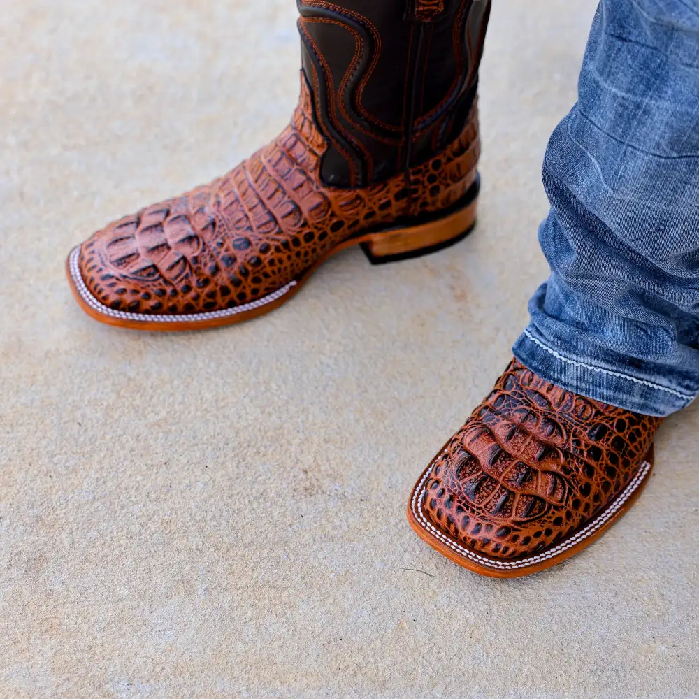 Cognac Caiman Neck Leather Boots - Square Toe