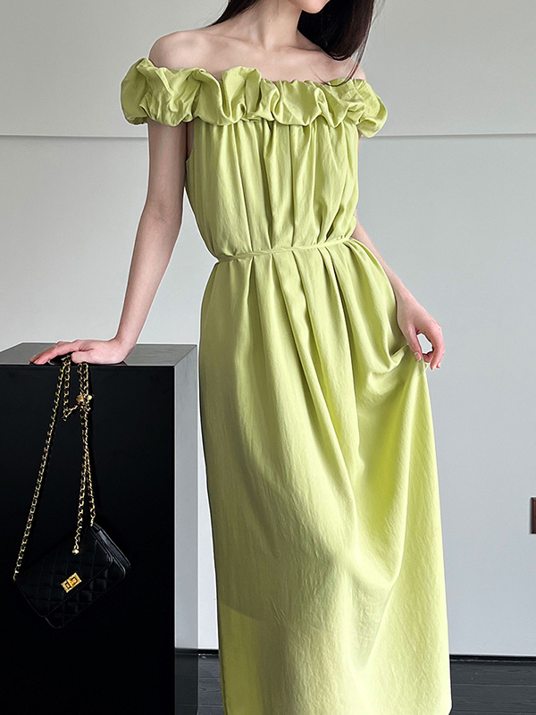Elasticity Pleated Solid Color Split-Joint Loose Sleeveless Off-The-Shoulder Maxi Dresses