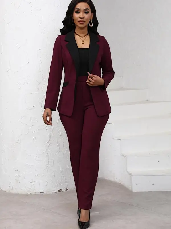 Women's Colorblock Blazer & Straight Leg Pants Set Suits