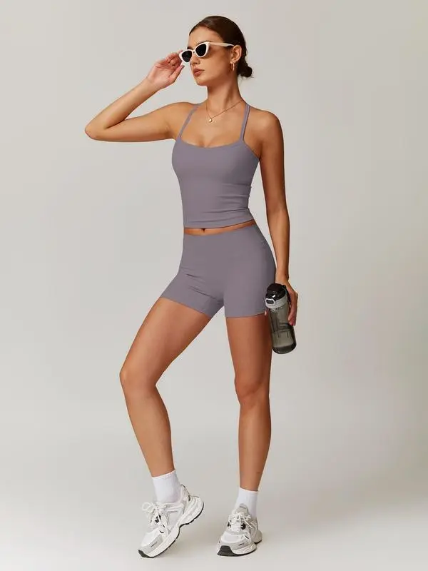 Women's Solid Cami Top & Shorts Fitness Sportswear Set (Just $3 a set!)