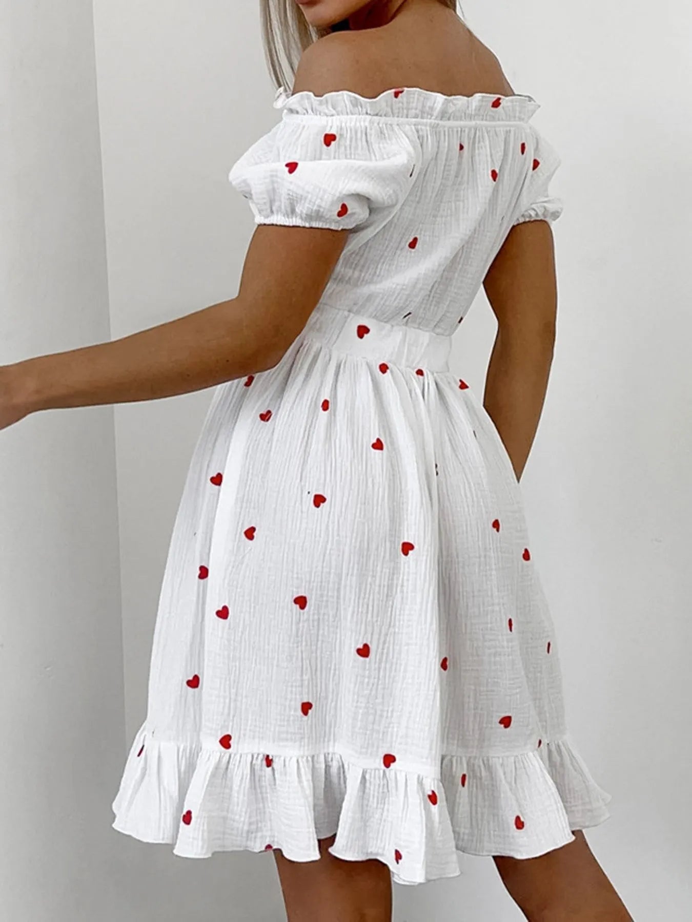 Heart Printed Off-Shoulder Ruffle Mini Dress