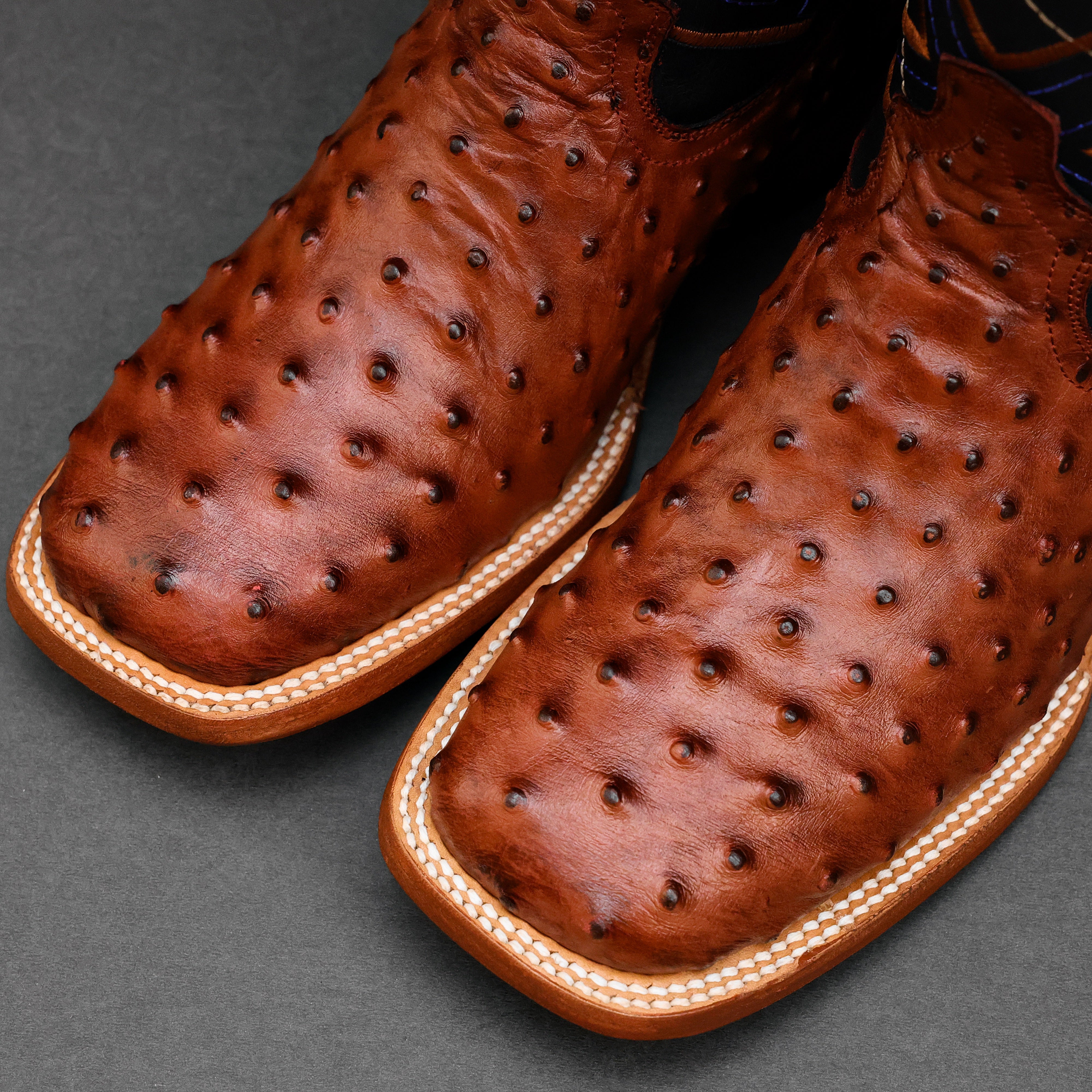 Cognac Ostrich Leather Boots - Square Toe