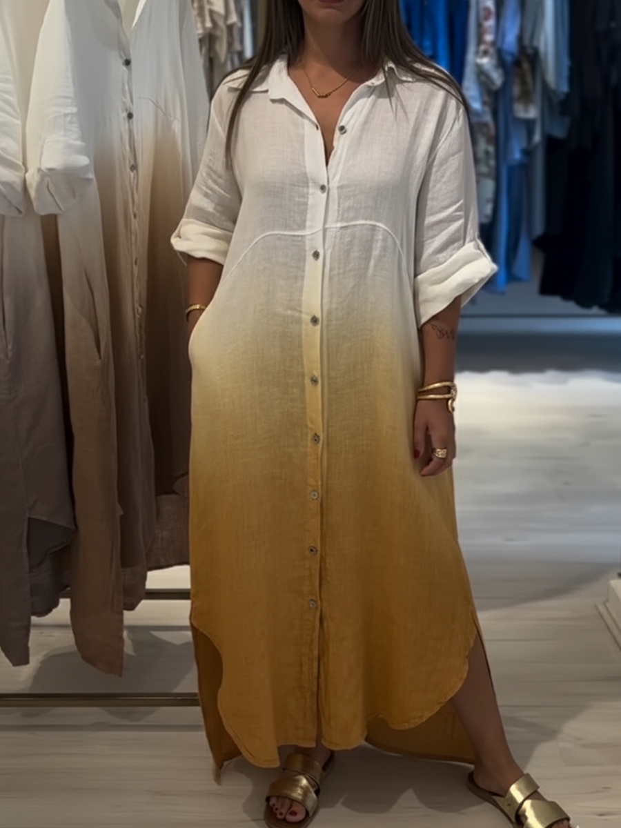 Casual Gradient Color Linen And Cotton Shirt Dress
