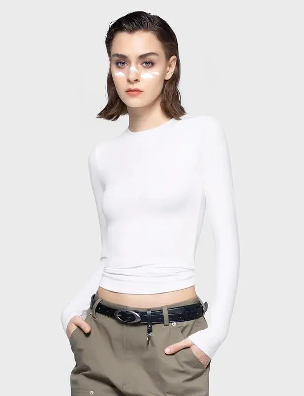 Long Sleeve Basic Tee Women's Crew Neck Slim Fit Tops Streetwear Minimalist Double Layer Compression Tee