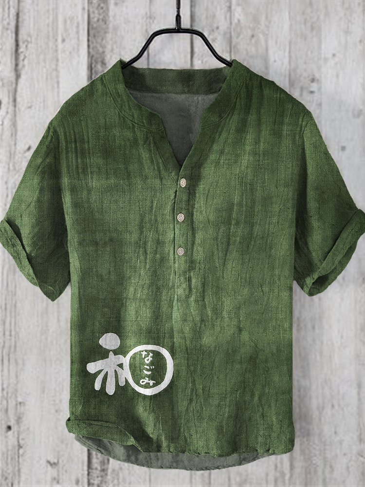 Japanese Word Art Linen V-Neck Shirt