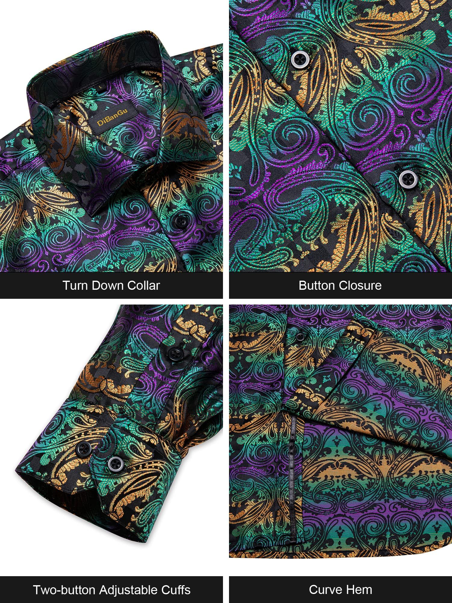 Men's Paisley Dress Shirt Long Sleeve Wrinkle Free Button Down Cowboy Shirts - Purple Green Orange&paisley