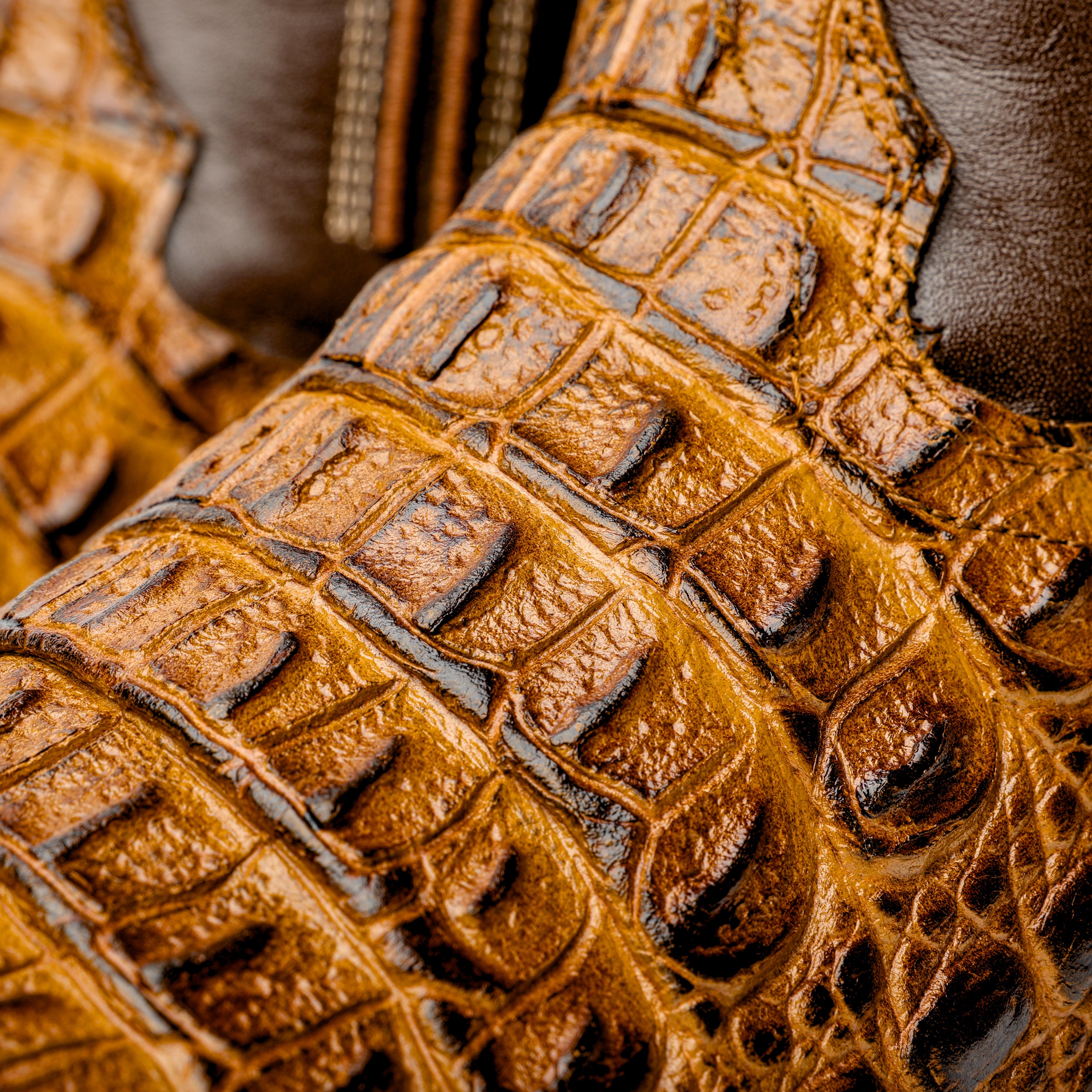 Honey Caiman Hornback Leather Boots - Square Toe