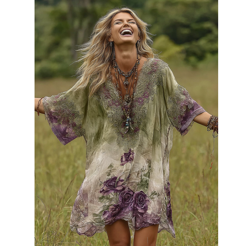 Classy Gradient Purple Lavender And Floral Printed Midi Dress