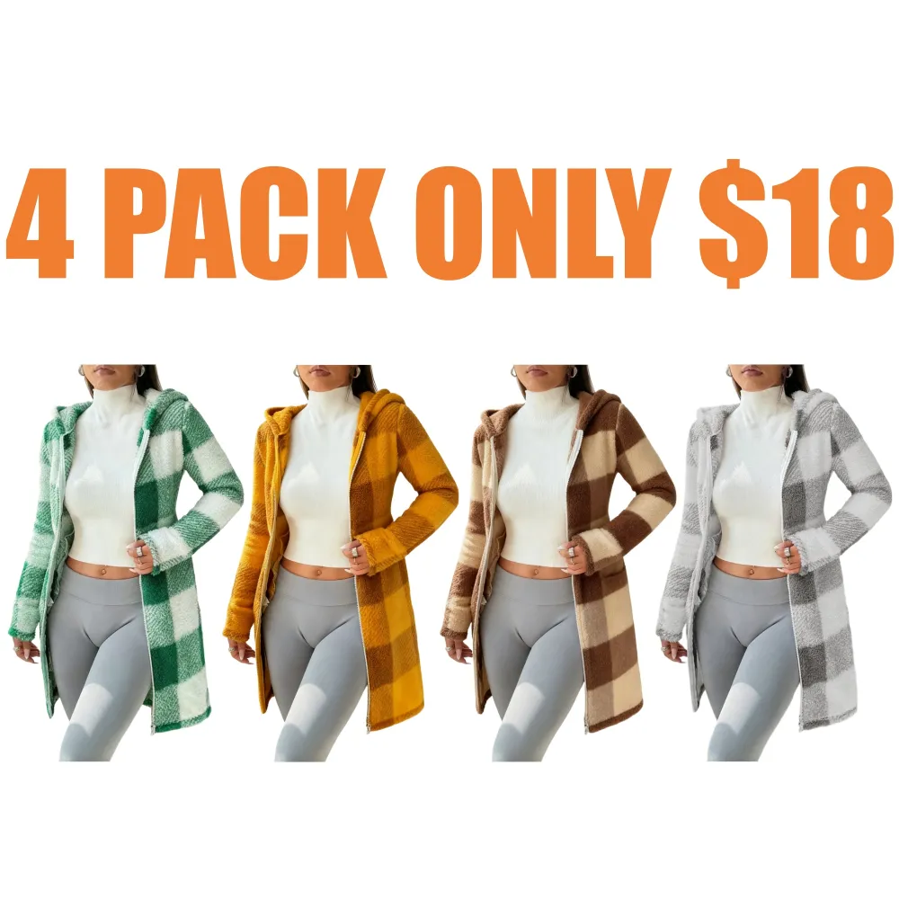 Women's Plaid Fleece Long Sleeve Hooded Coat