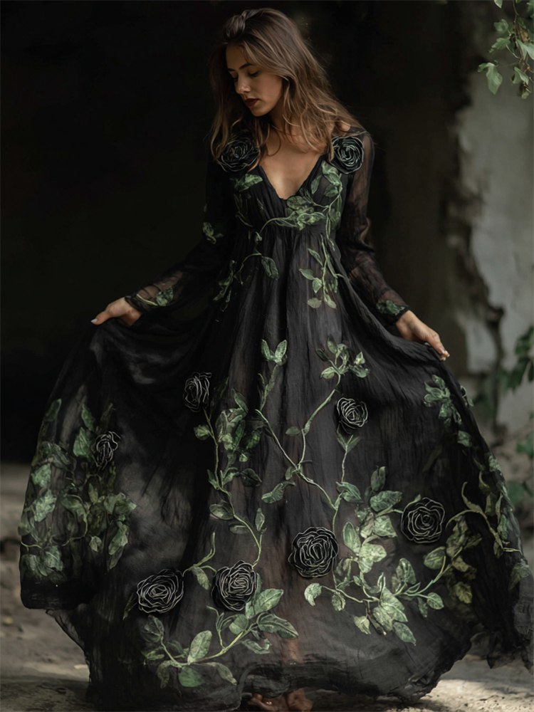Vintage Gothic Black Roses Vines Fiber Art Flowy Maxi Dress