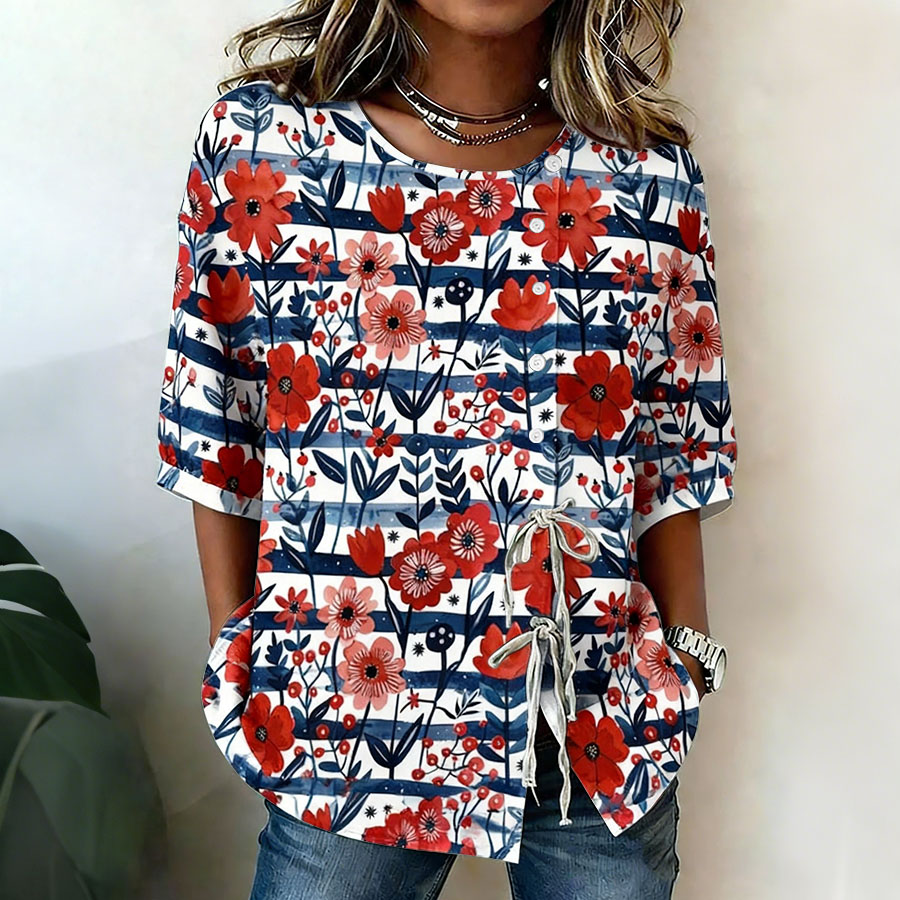 Women'S Patriotic Flower Independence Day Commemorative Printed Casual Shirt