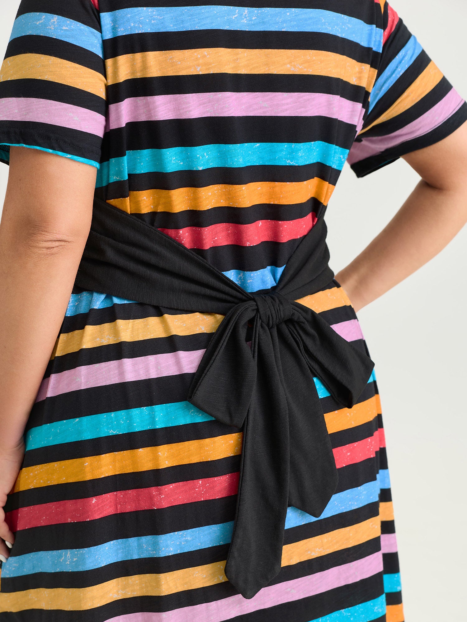 Cotton Stretchy Colorful Striped V-Neckline Midi Dress