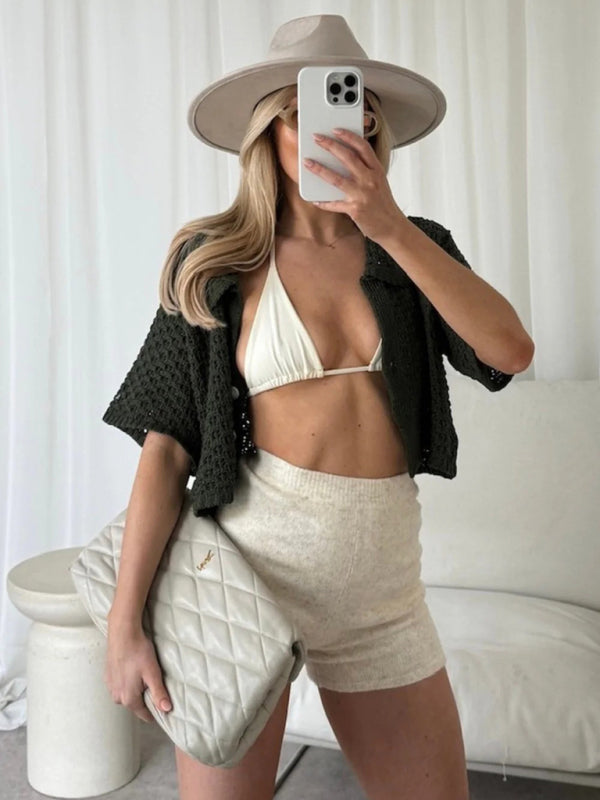 Knitted Crochet Multicolor Cardigan Button Skirt All-match Set Dress