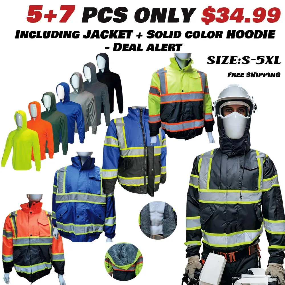 High Visibility Water Resistant Bomber Safety Jacket with Hoodie / Reflective Safety Sherpa Insulated Jacket