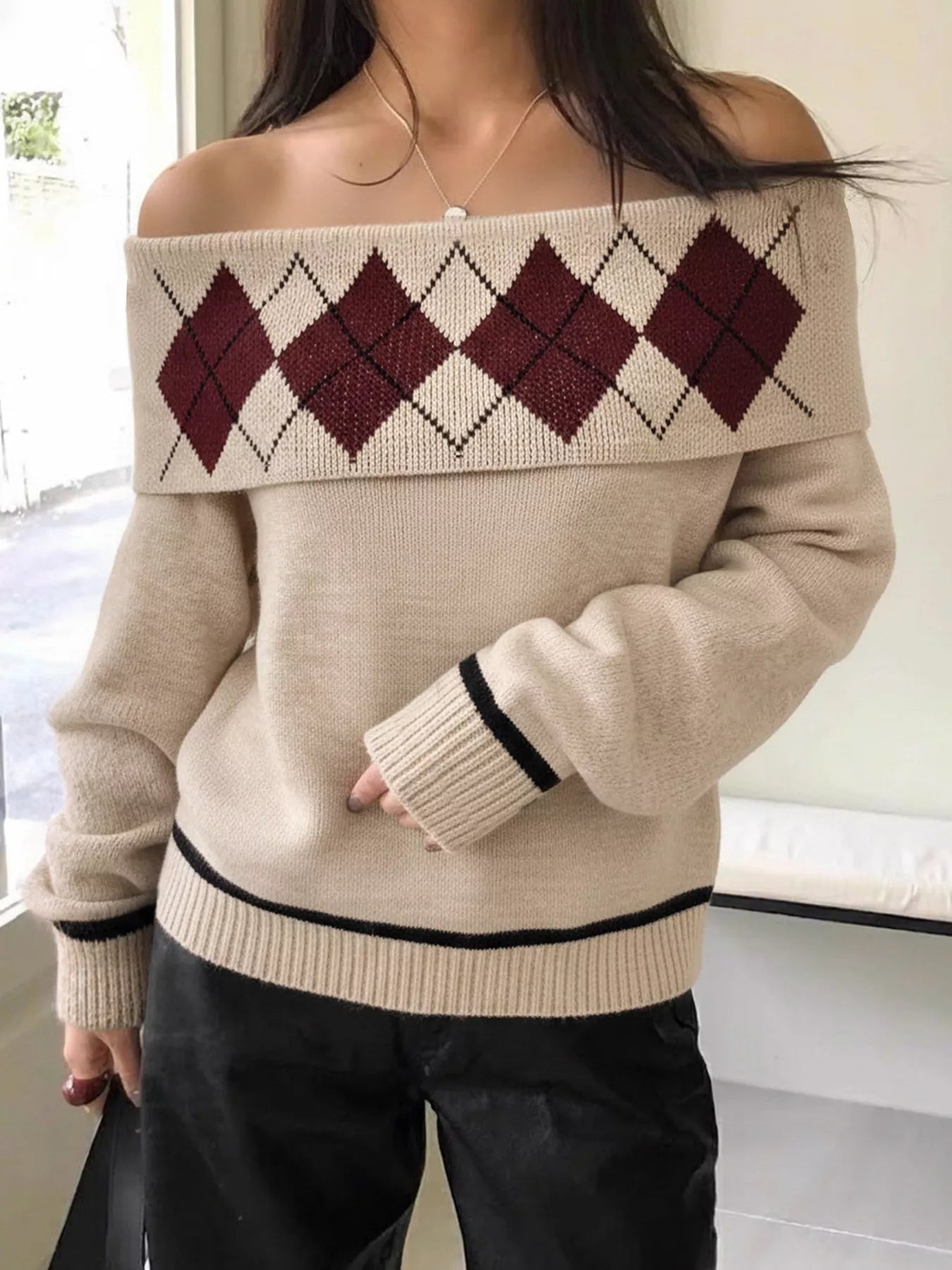 Off-Shoulder Argyle Pattern Sweater