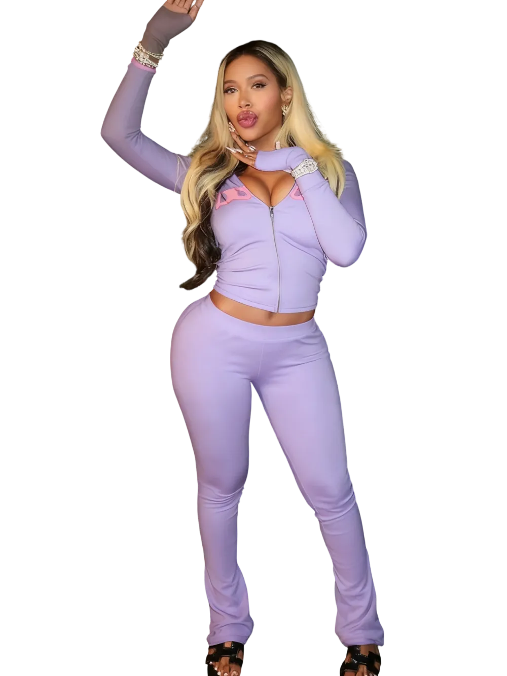 Women's Fall Winter Hooded Letter Print Zipper Jacket and Pants Set