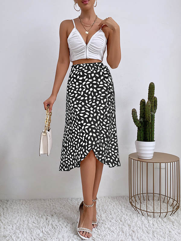 Printed Split-Front Tied Waist A-Line High-Low Skirts Bottoms