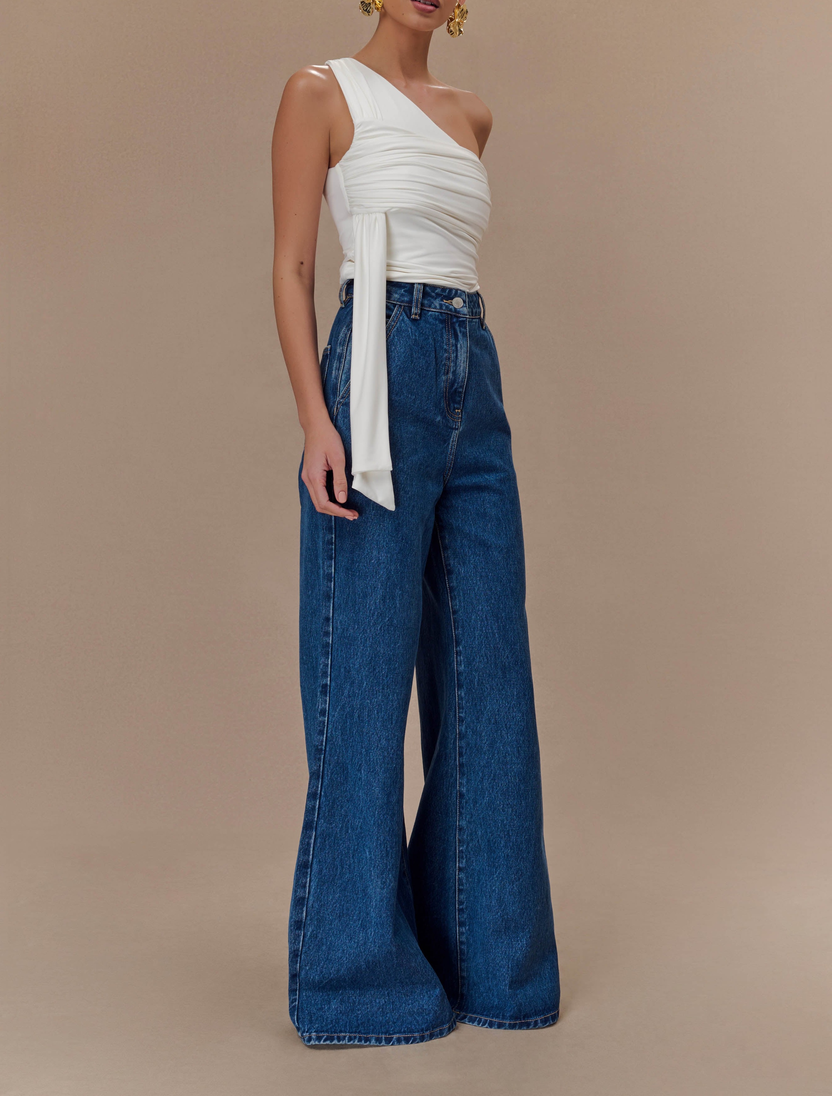 Ivory One Shoulder Recycled Nylon Top With Drape