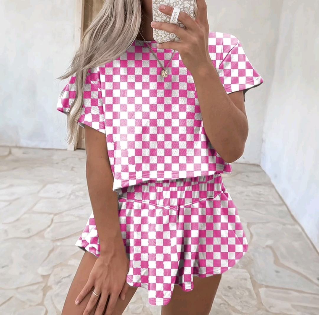 Women's Two Piece Set, Checkerboard T Shirtand Ruffle High Waist Skort Set,2025 SummerCasual Sets for Daily Wear