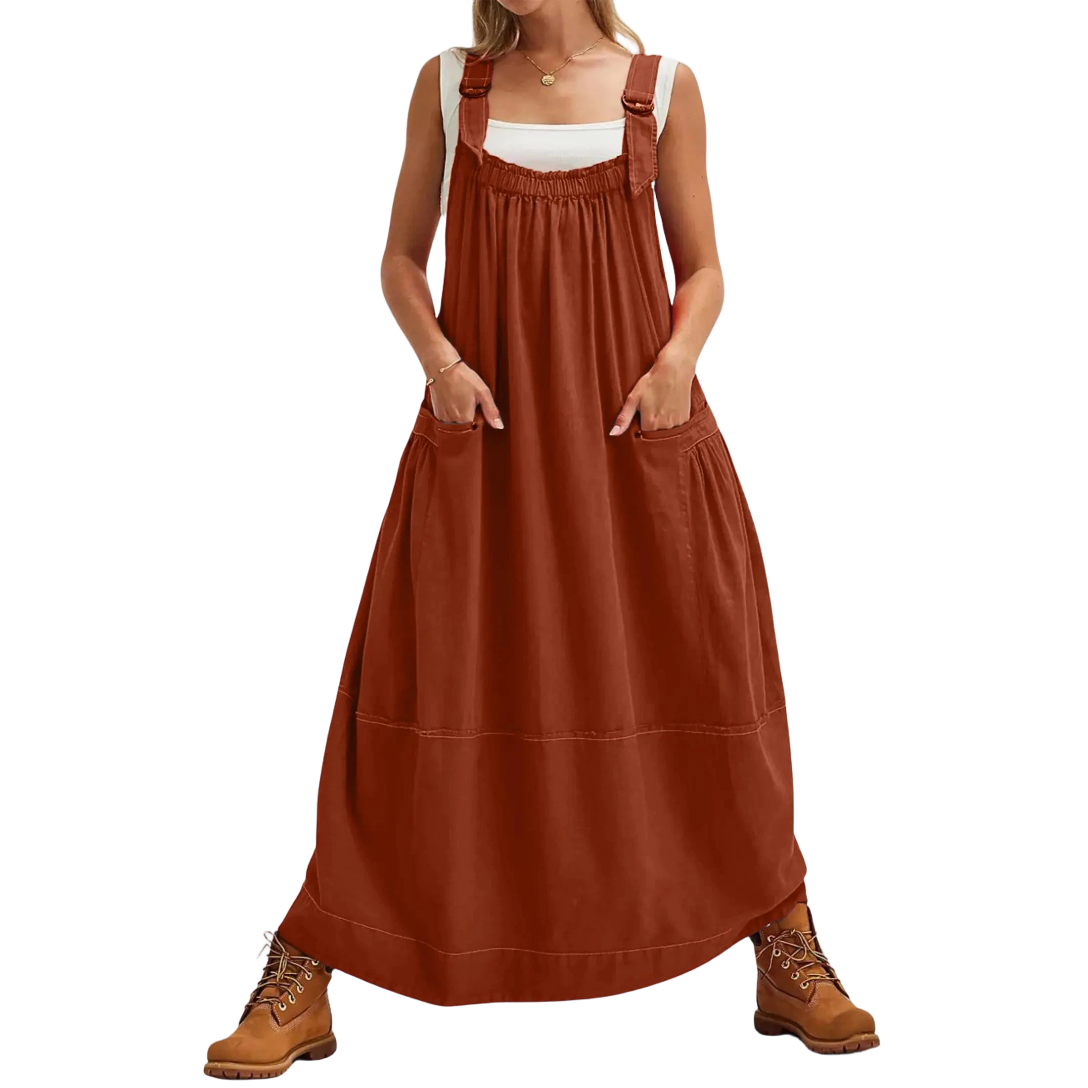 Women’s Strappy Sleeveless Barrel Midi Dress with Pockets