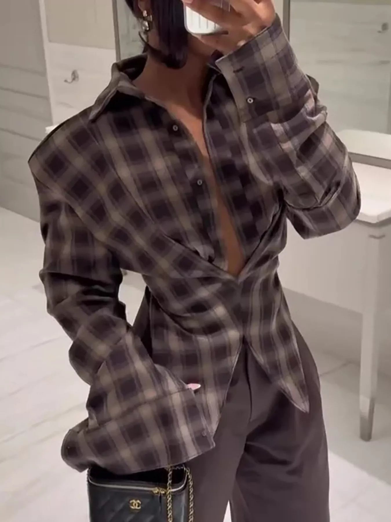 Ruched Plaid Long Sleeve Shirt