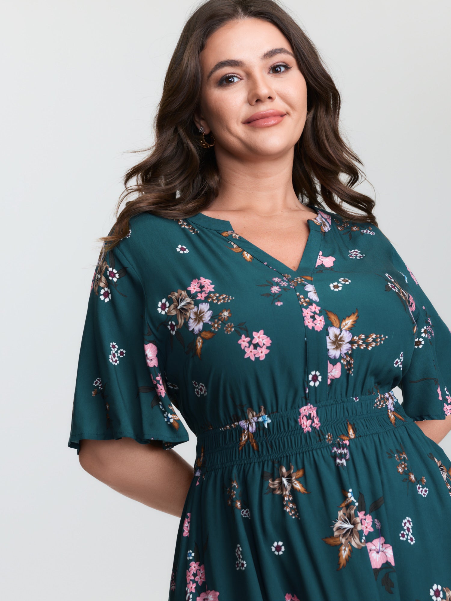 Floral Print Pockets Notched Collar Maxi Dress