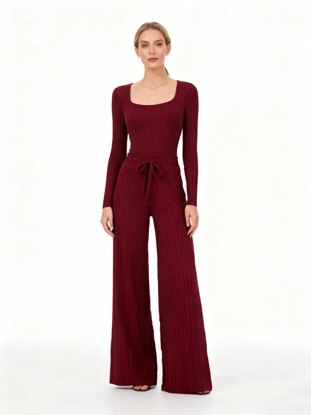 Women's Slim-Fit Solid Color Ribbed Fleece Jumpsuit Set