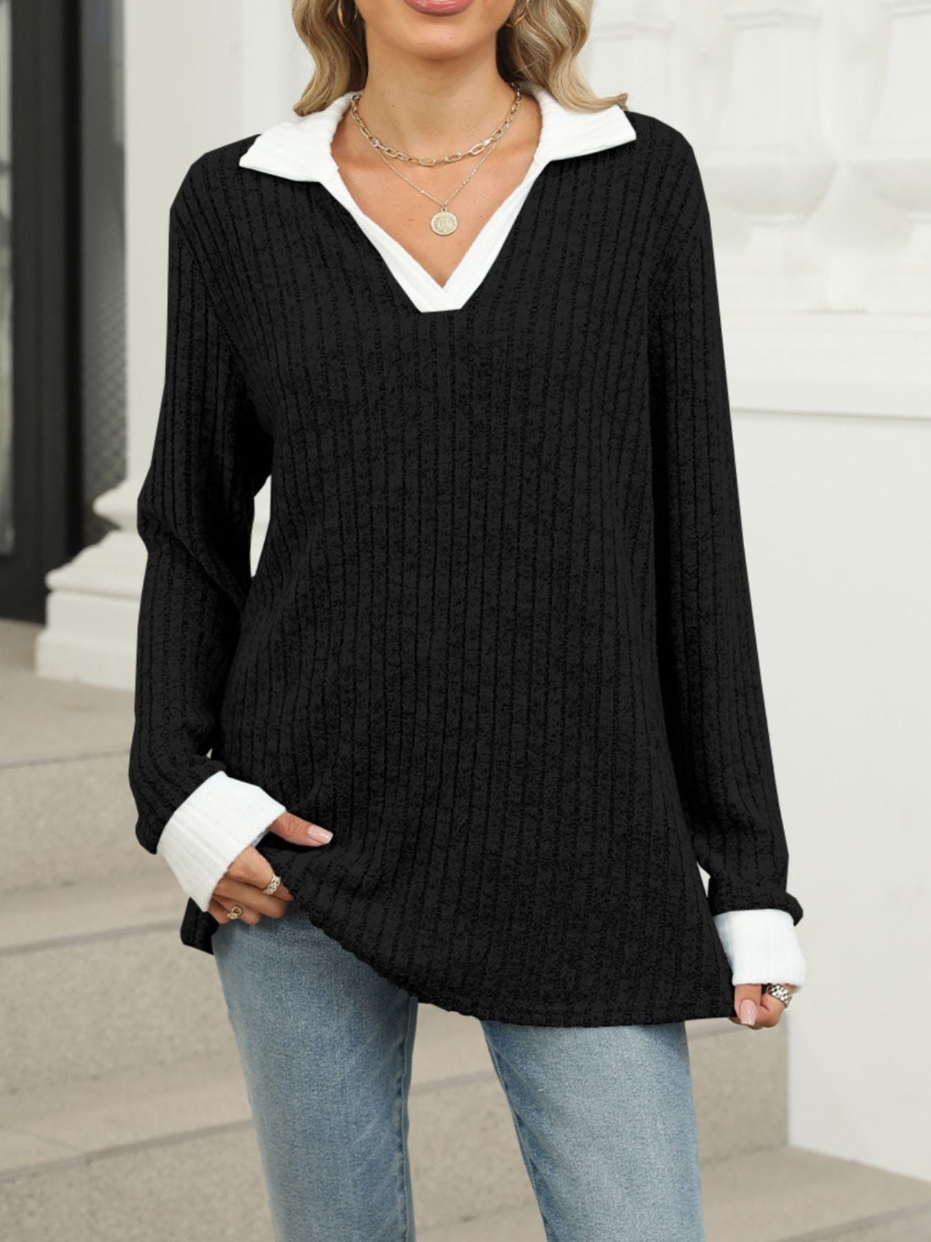 Ribbed Knit Long Sleeve T-Shirt