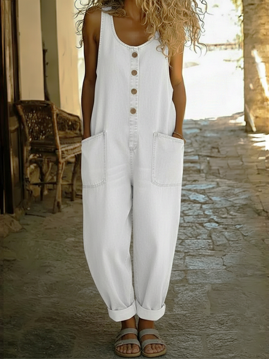 Women's Casual Cotton Vest And Denim Jumpsuit