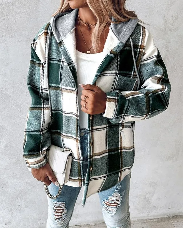 Women's Plaid Pattern Long Sleeve Shacket Button Down Fleece Lined Hooded Jackets Warm Coat