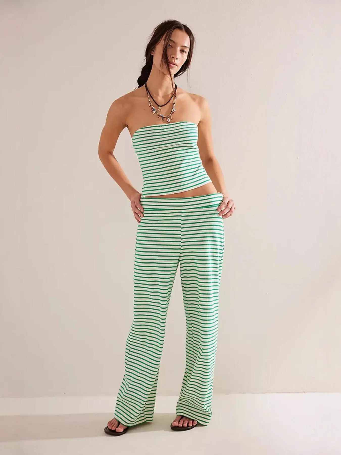 Women's Striped Print Crop Tube Top & Wide Leg Pants Set