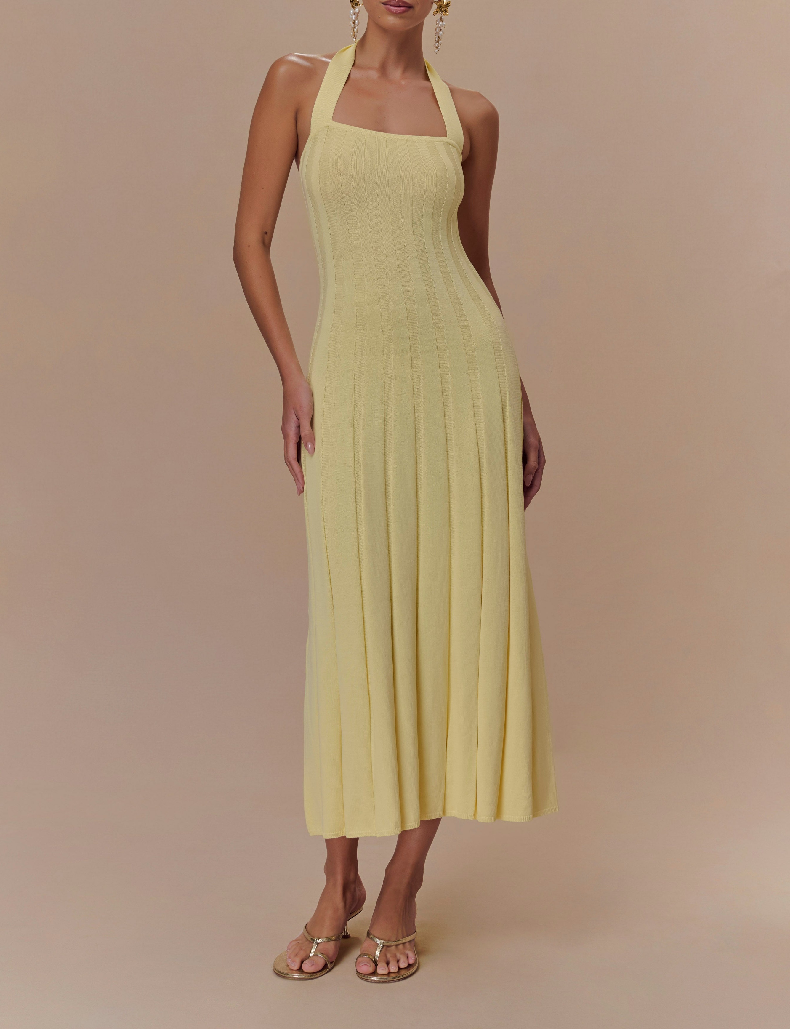Lemon Halter Knit Midi Dress