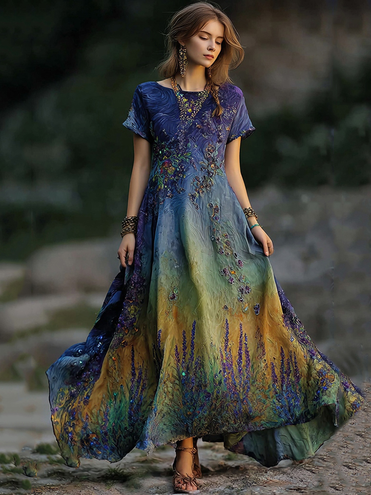 Women's Vintage Lavender Embroidered Sequin Gradient Flowing Linen Maxi Dress