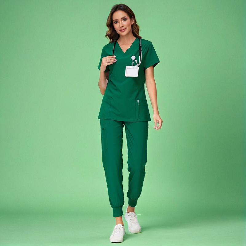 Women’s Stretch V-Neck Scrub Set (Top + Jogger Pants) – 8 Pocket Utility Uniform