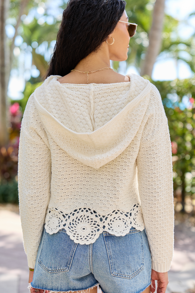Harrisyn Ivory Cropped Crochet V-Neck Hoodie