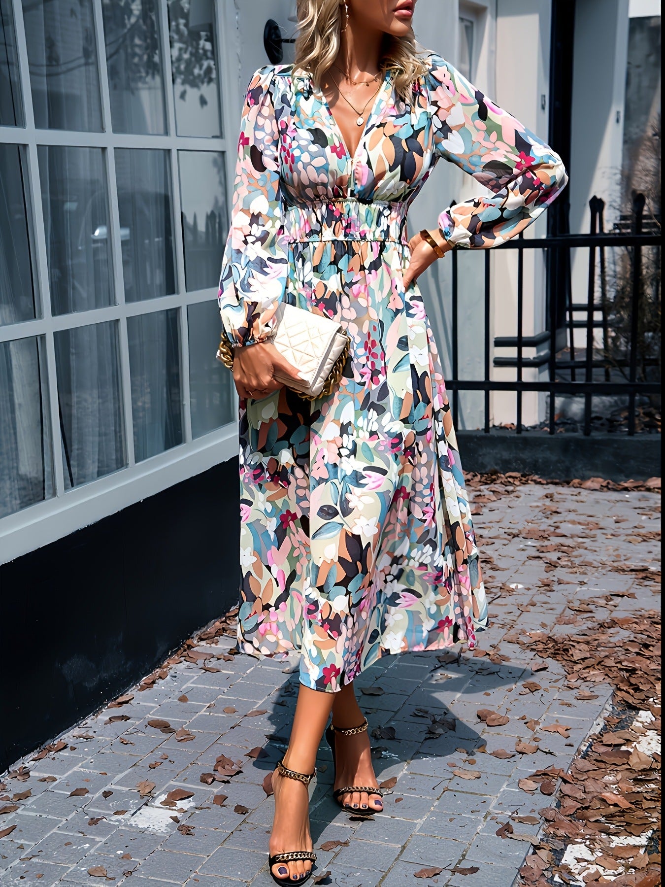 Floral Print Long Sleeve Midi Dress