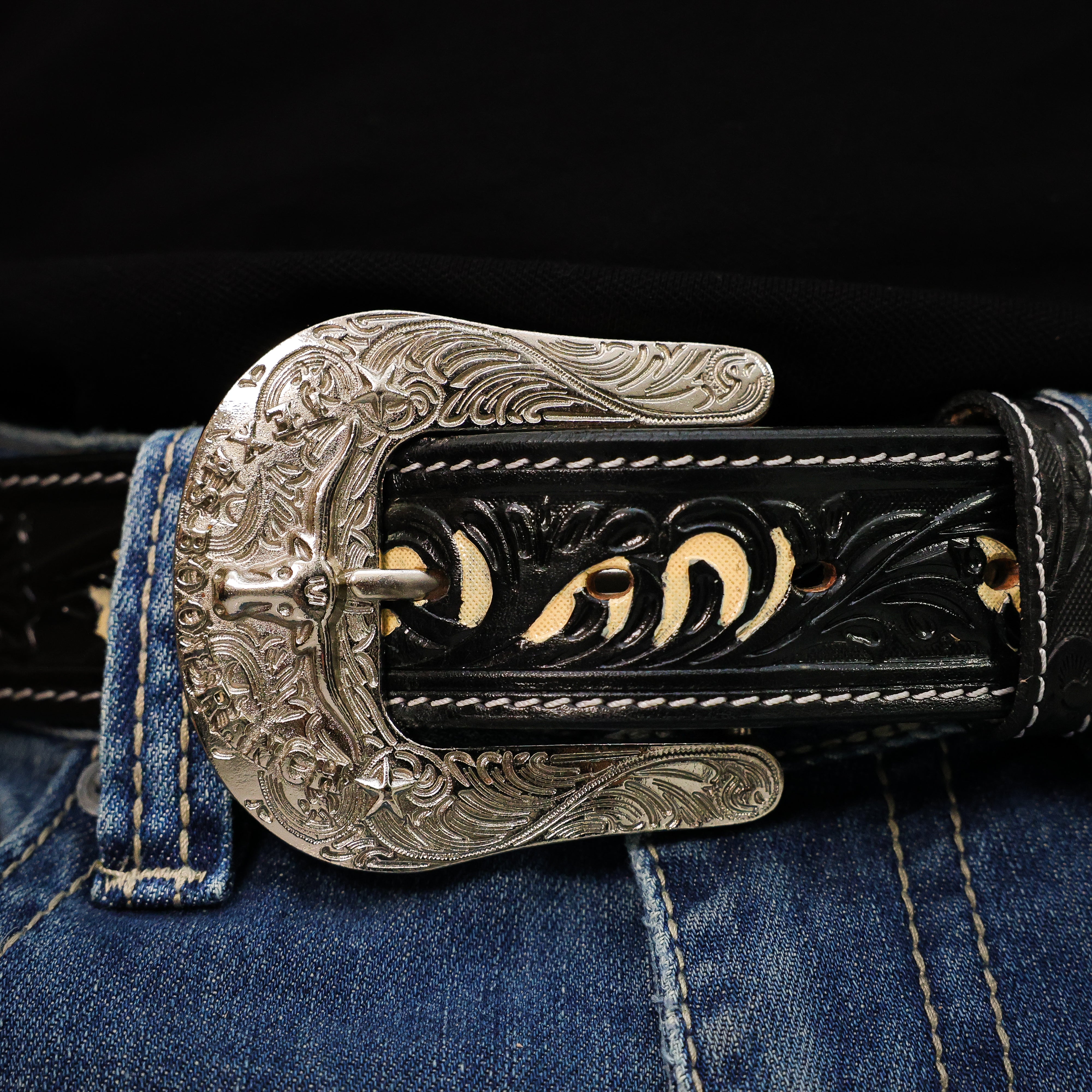 Hand-Tooled Artesanal Beaded Leather Belt