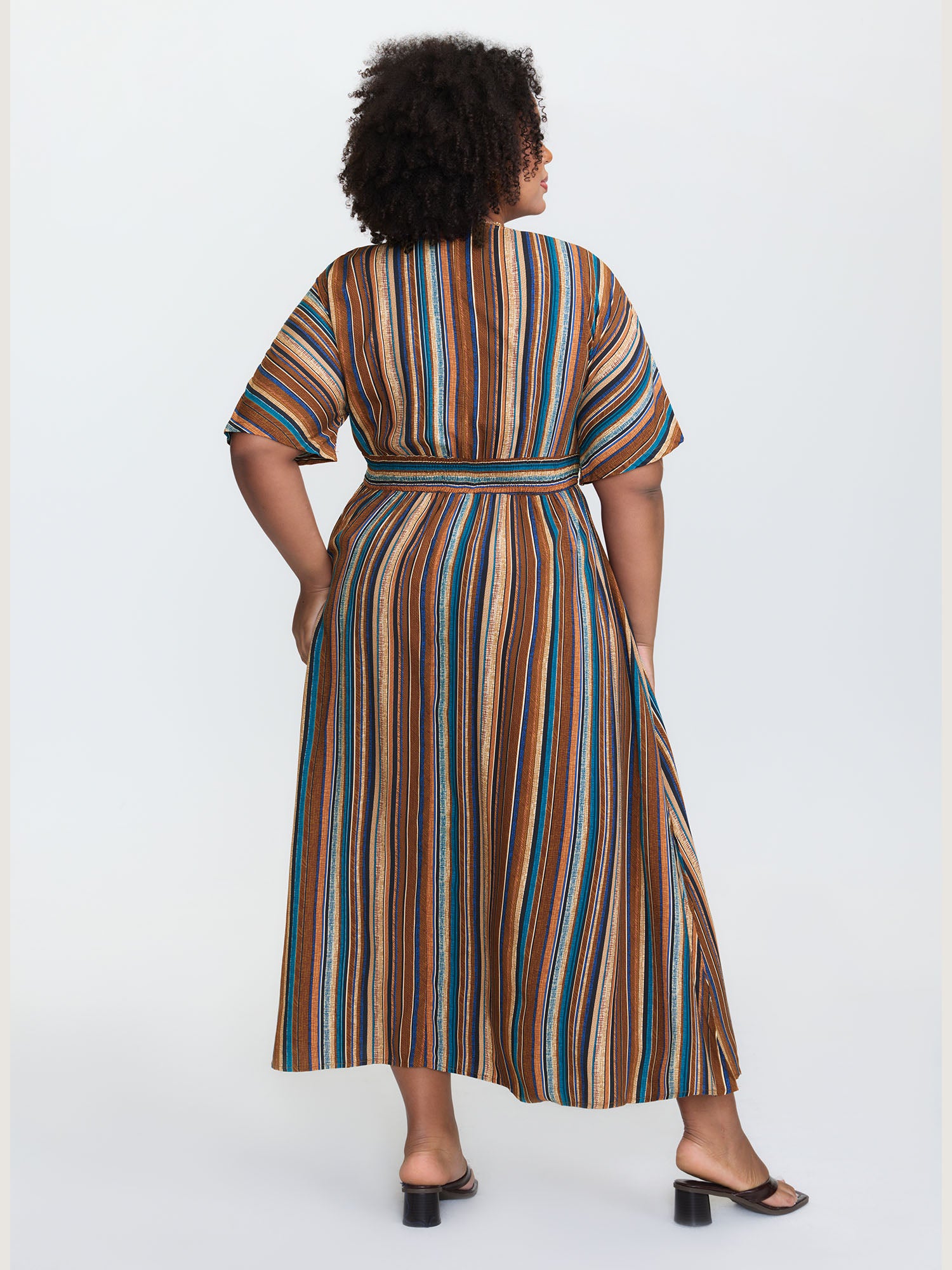 Striped Contrast Dolman Sleeve Shirred Pocket Split Flutter Dress